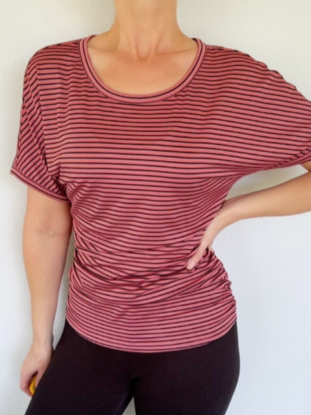 Sketchers pink black stripe athletic stretch dolman short sleeve tee medium